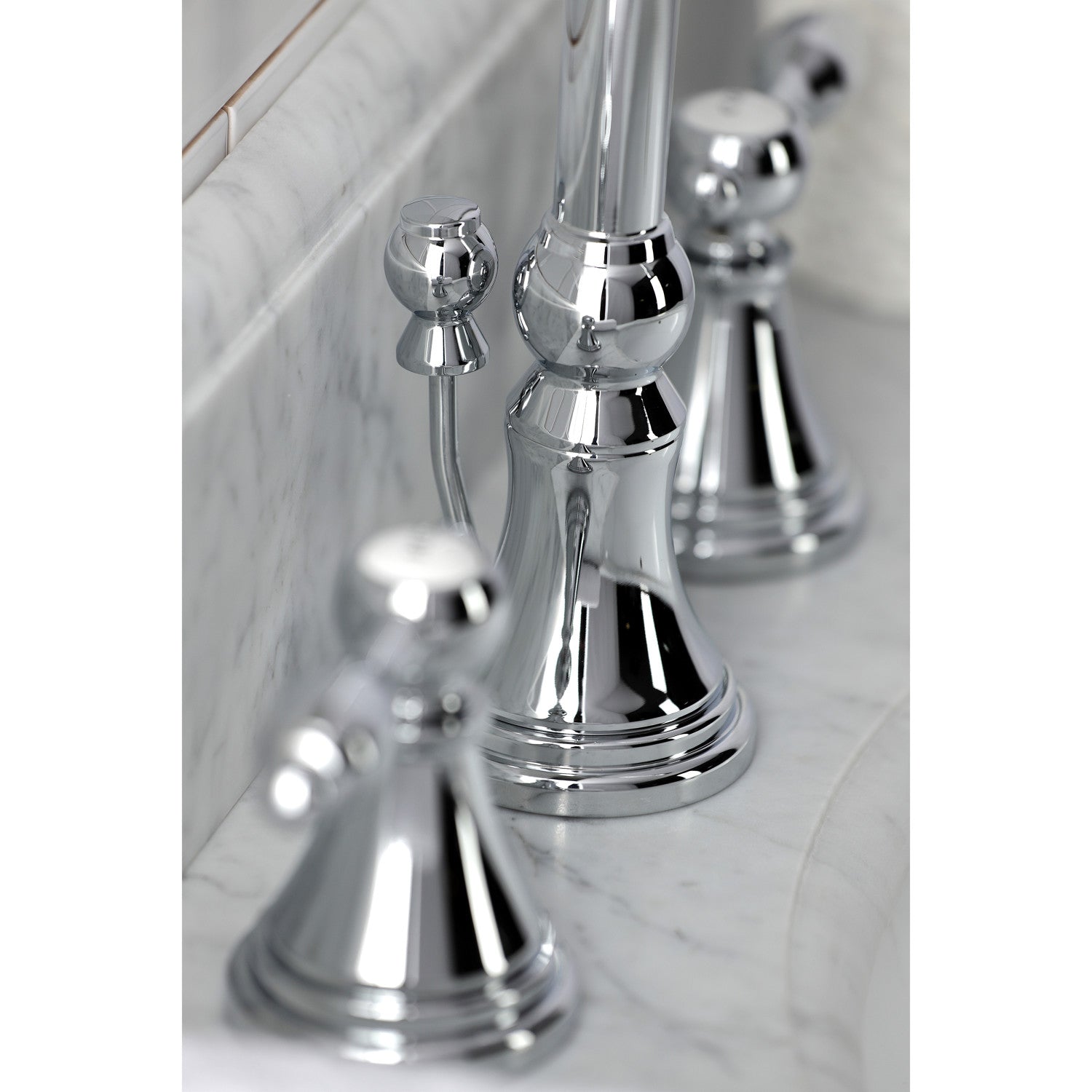 Kingston Tulare KS2981TAL - Tudor Two-Handle 3-Hole Deck Mount Widespread Bathroom Faucet with Brass Pop-Up, Polished Chrome — thumbnail 3